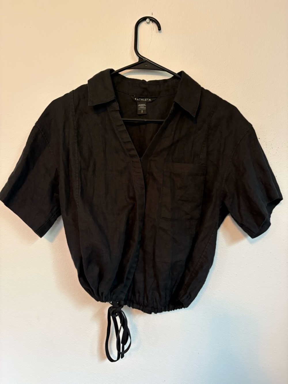 Athleta Playa Tie Top 100% Linen Wrap with Drawstring Bottom Black Size S - Picture 2 of 5